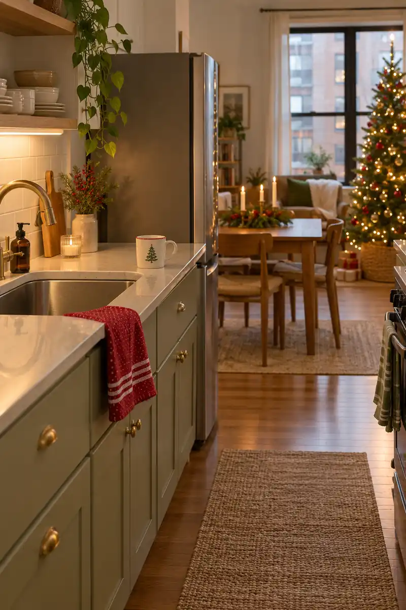 Compact green kitchen with a red towel and mug beside a clear sink counter.