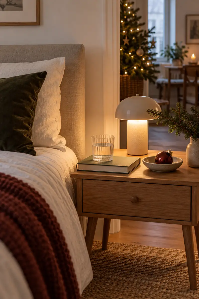 Bedside table with a lamp, glass, books and one red ornament in a small dish.