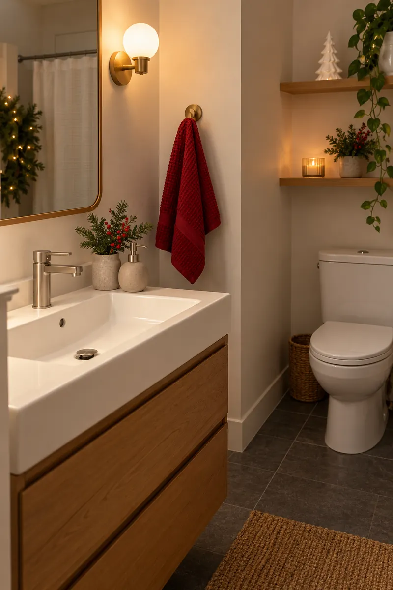 Small bathroom with a red hand towel, clear basin and white ceramic tree on a shelf.