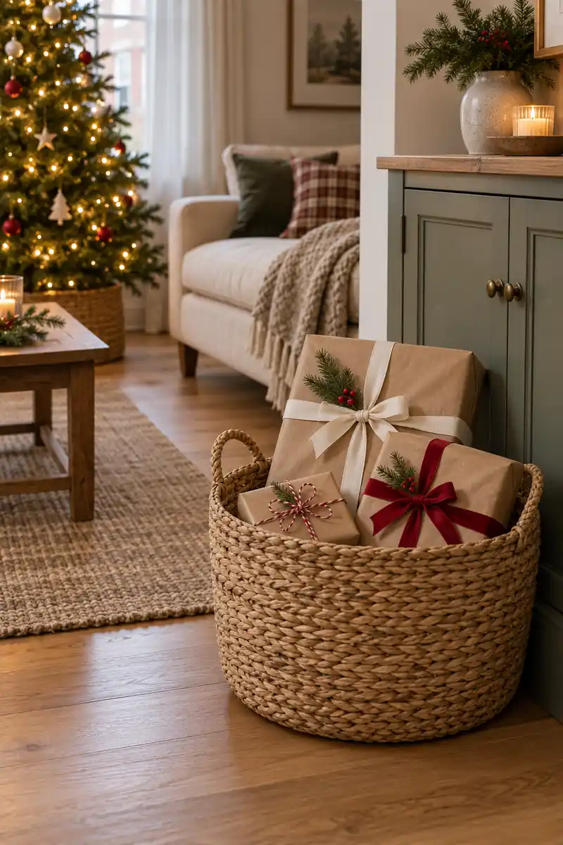 Woven basket holding cream and kraft wrapped gifts with red and pale ribbons.