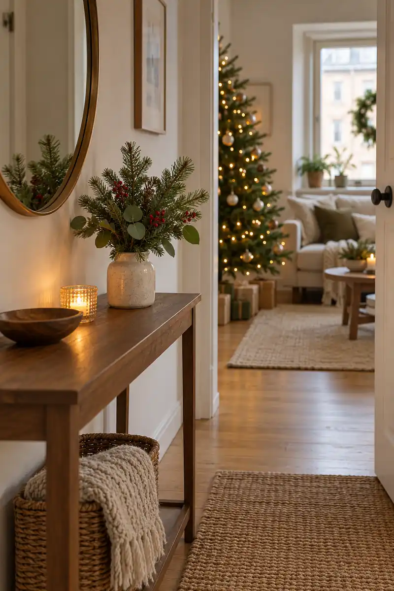Narrow wooden console with a pale vase of evergreen and berry stems.