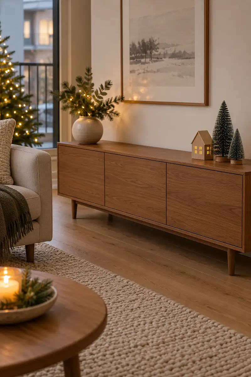 Low wooden cabinet with two miniature trees and a small illuminated house at one end.