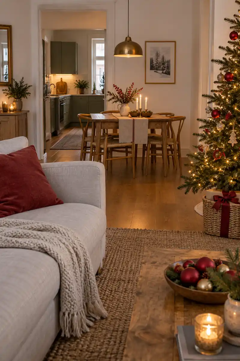 Red sofa cushion and red ornament bowl repeated across a compact Christmas living area.