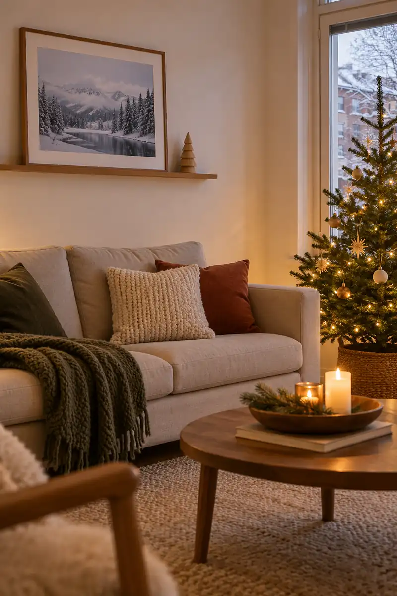 Framed snowy landscape and tiny wooden tree on a picture ledge above a sofa.
