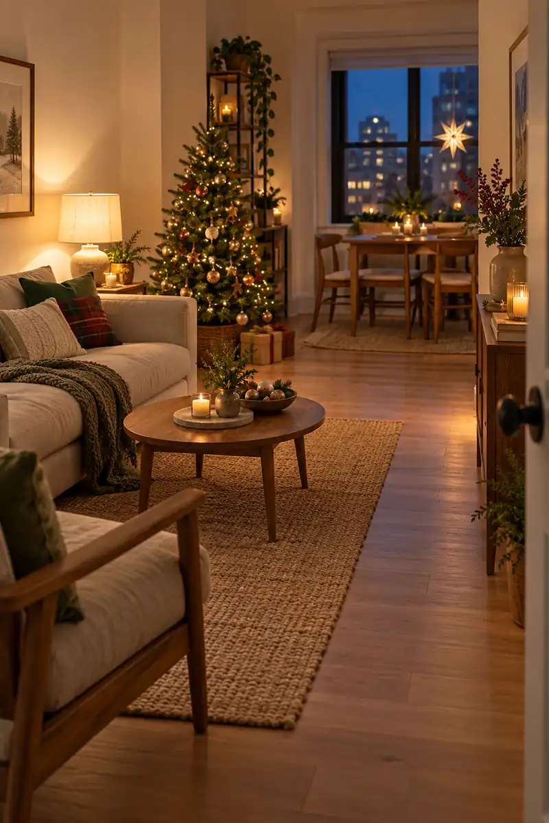 Apartment evening with a shaded lamp, lit Christmas tree and clear route to a dining nook.