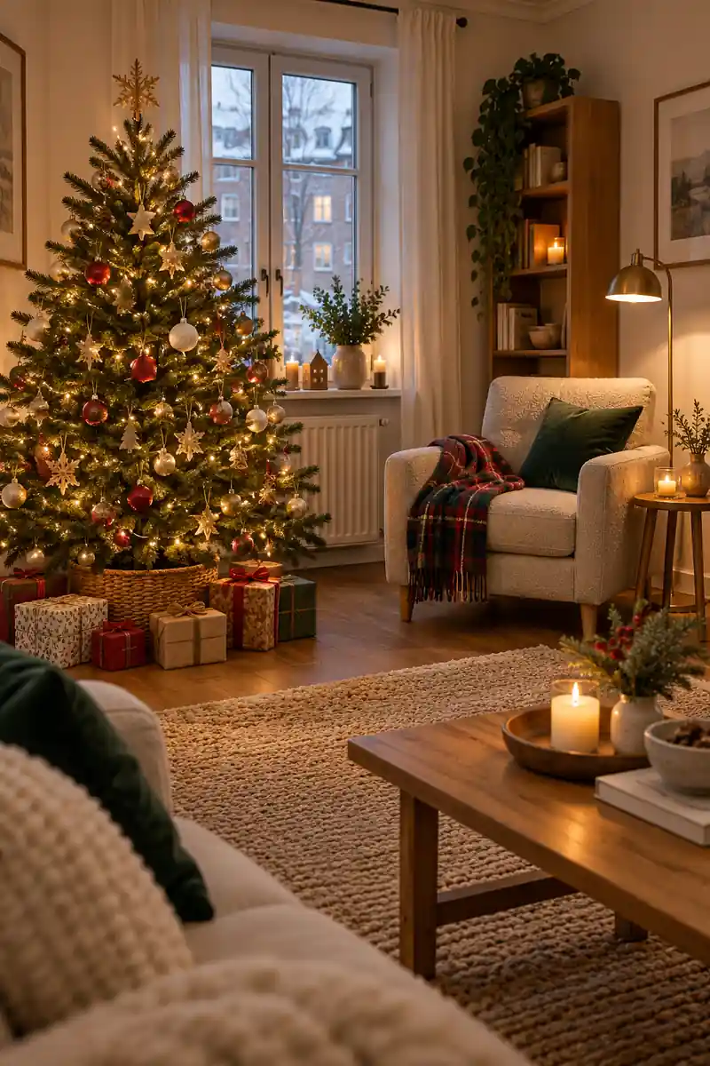 Decorated tree beside a quiet cream armchair corner with a reading lamp.