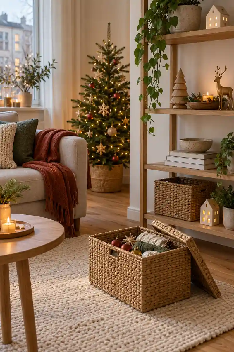 Open woven storage box beside a bookcase with a restrained holiday display.