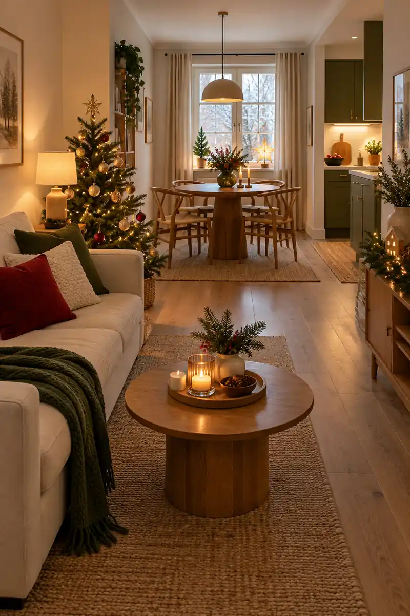 Compact festive apartment with cream sofa, coffee table, small tree and an open route to the dining table.