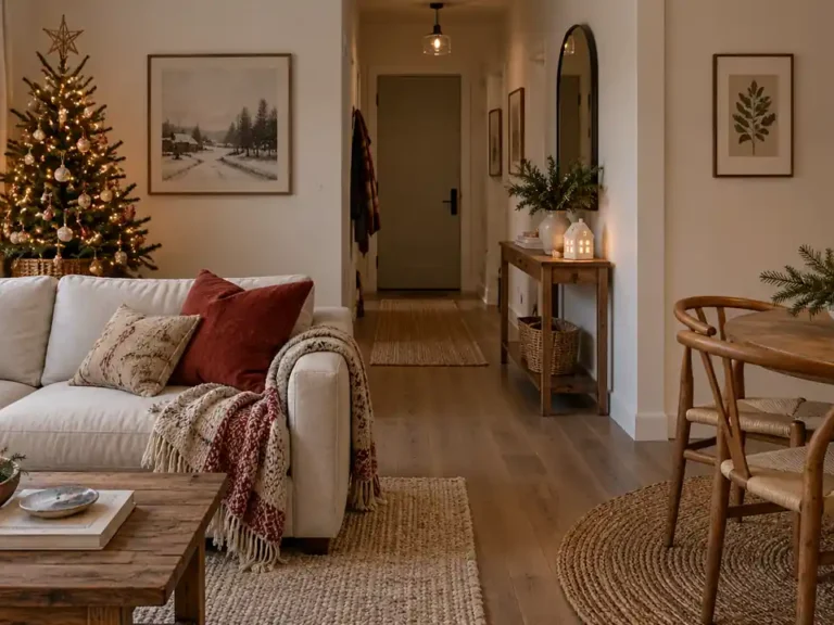 Compact Christmas apartment with a cream sofa, small tree, wooden dining table and clear walking space.