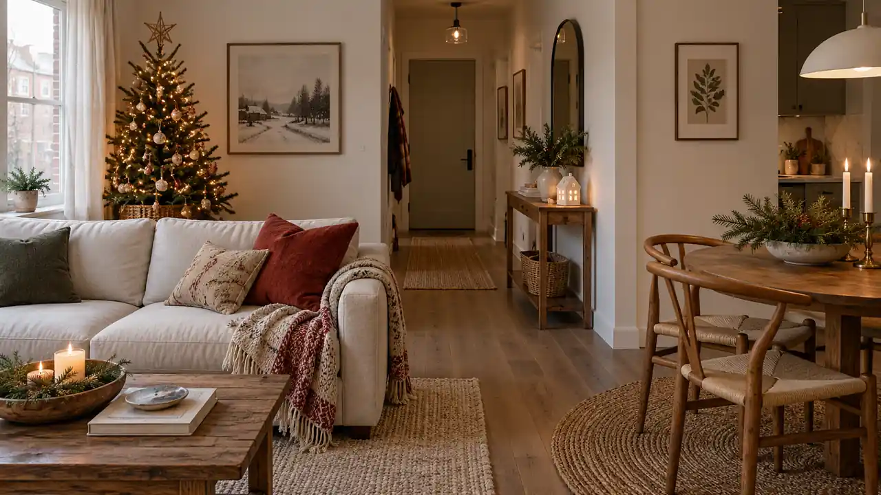 Compact Christmas apartment with a cream sofa, small tree, wooden dining table and clear walking space.